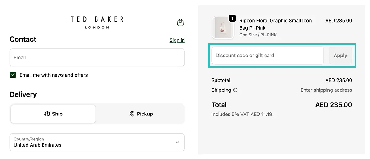 apply ted baker discount code