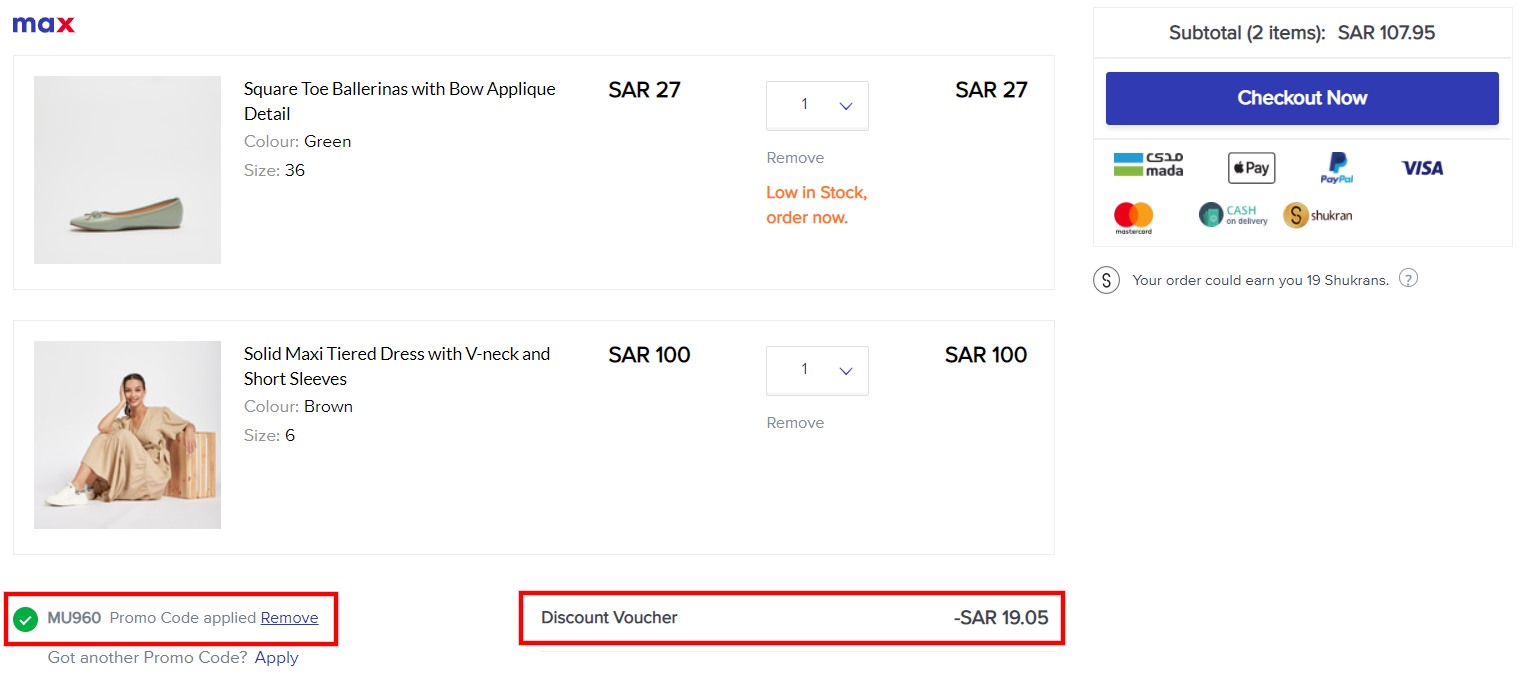 Screenshot of Max Fashion shopping cart with coupon code applied